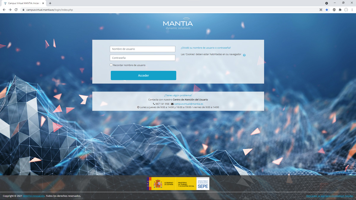 Plataforma de formación: Inicio de sesión